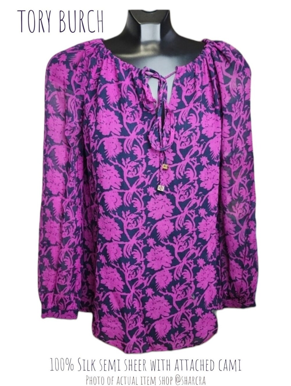 TORY BURCH Women Silk Floral Peasant Blouse semi sheer w Cami Navy Purple Top 2